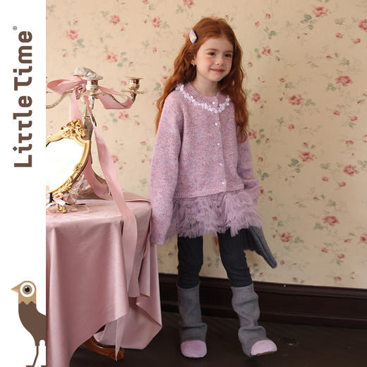 littletime女童毛衣2025秋冬新款花边拼接针织开衫裤子套装两件套 商品图3