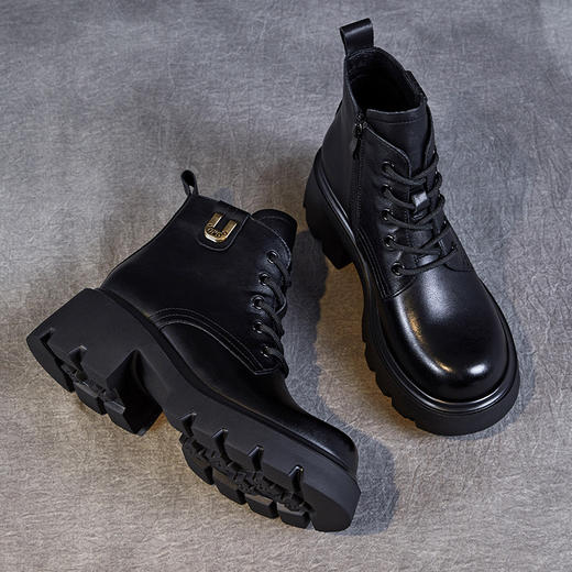 ZM24X961真皮马丁靴女秋冬单靴2024新款加绒头层全牛皮小个子粗跟厚底短靴 商品图3