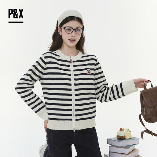 P&X设计师女装2025冬季圆领条纹长袖短款毛衣825418176 杏/蓝 商品图2