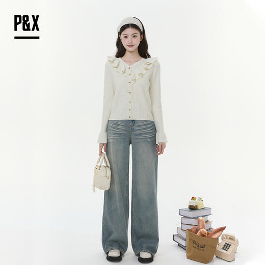 P&X设计师女装2025冬季少女风毛针织衫V领毛衣短款825418177 杏色 商品图1