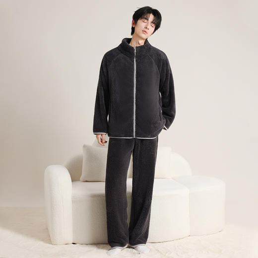 希燕茵情侣秋冬法兰绒加厚睡衣双面绒拉链连帽简约休闲男女士家居服套装XY0021★ 商品图9
