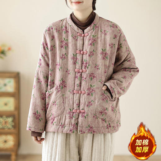 C070-2681新中式全棉复古盘扣棉服女文艺印花宽松夹棉保暖棉衣外套 商品图2