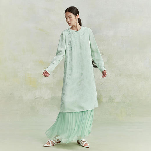 【林栖设计小店】(现货)【手工钉珠】春意自来真丝连衣裙拼荷叶边轻中式2026早春新款长裙1961162 商品图1