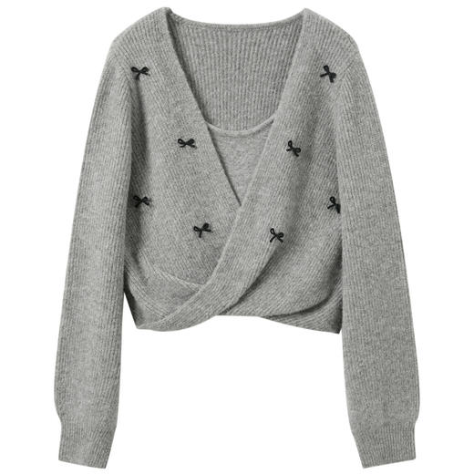 三彩2025冬季新款蝴蝶结针织衫假两件V领毛衫套头衫短款复古M 商品图4