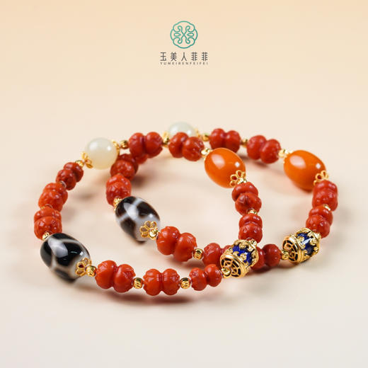 DS925南红玛瑙单圈-双莲花配蜜蜡富甲天下约8 商品图0