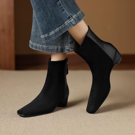 【预售5天】洋气舒适通勤内增高羊反绒面皮，拼接切尔西中跟方头真皮短靴ZYY&A1552 商品图3