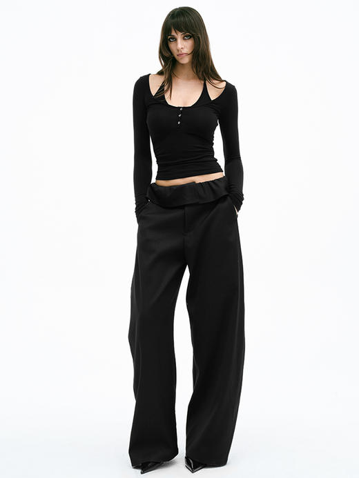 TR她热 韩系欧尼 黑色翻腰设计感显瘦百搭低腰廓形休闲裤长裤 商品图1