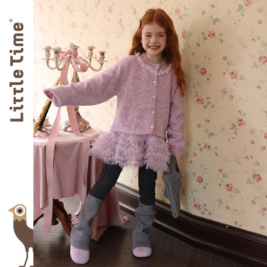 littletime女童毛衣2025秋冬新款花边拼接针织开衫裤子套装两件套 商品图0