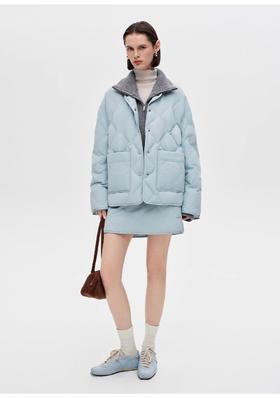 SEL*同款冰川蓝 90白鸭绒假两件拼接毛织高领羽绒服