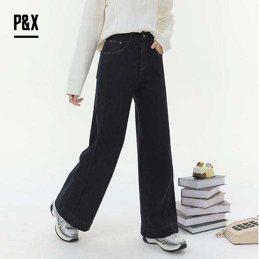 P&X设计师女装2025冬季加绒复古阔腿裤牛仔长裤825410162 藏蓝 商品图2