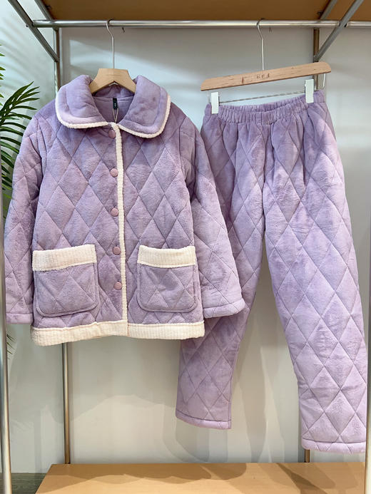 松植屋女款抗静电三层夹棉加厚棉袄套装女士睡衣家居服冬季棉服 商品图1
