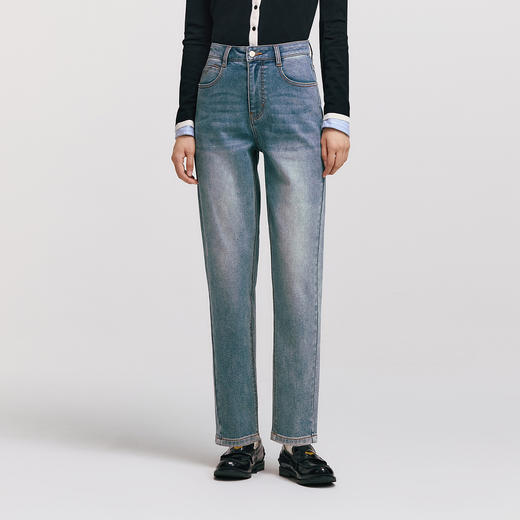 森柔|森马牛仔裤女冬季抓毛做旧锥形裤女士舒适时尚潮流复古长裤 商品图2