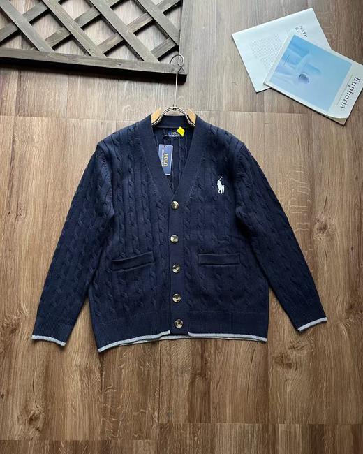 秋季拉夫劳伦RL胸前经典战马logo刺绣绞花纹麻花纽绳圆领长袖排扣针织毛衣开衫外套 新款 商品图1