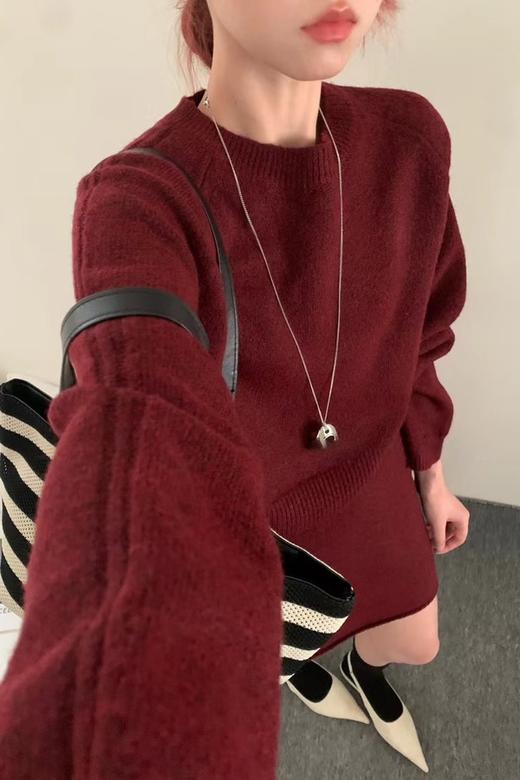 LNNNS 酒红色圆领针织上衣半裙套装 21454 商品图1