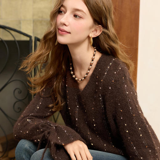 三彩2025冬季新款彩色条纹针织衫V领毛衫套头衫喇叭袖复古M 商品图2