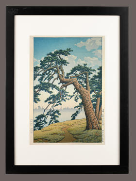 独角鹿西洋古董1932年日本昭和时代著名国宝级大师川濑巴水签名创作新版画作品《霧の朝 四谷見附》