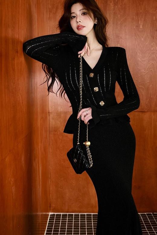 ELLA JADE 黑色法式优雅长款针织镂空连衣裙 21433 商品图1