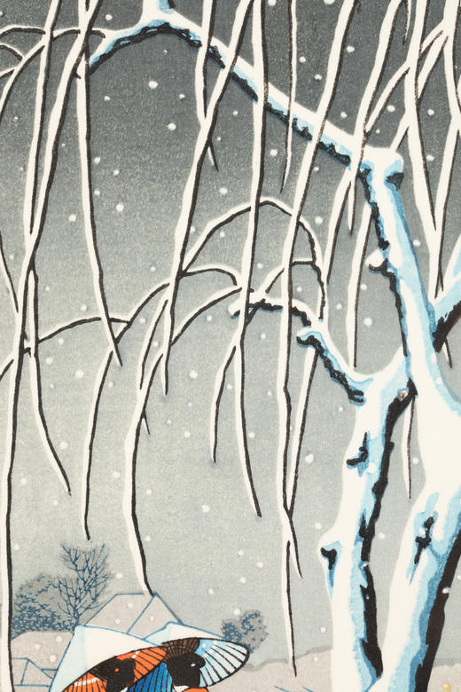 【已售】独角鹿西洋古董1932年日本昭和时代著名国宝级大师川濑巴水签名创作新版画《暮るる雪（江户川）》 商品图8