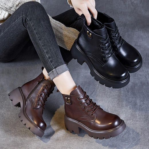 ZM24X961真皮马丁靴女秋冬单靴2024新款加绒头层全牛皮小个子粗跟厚底短靴 商品图1