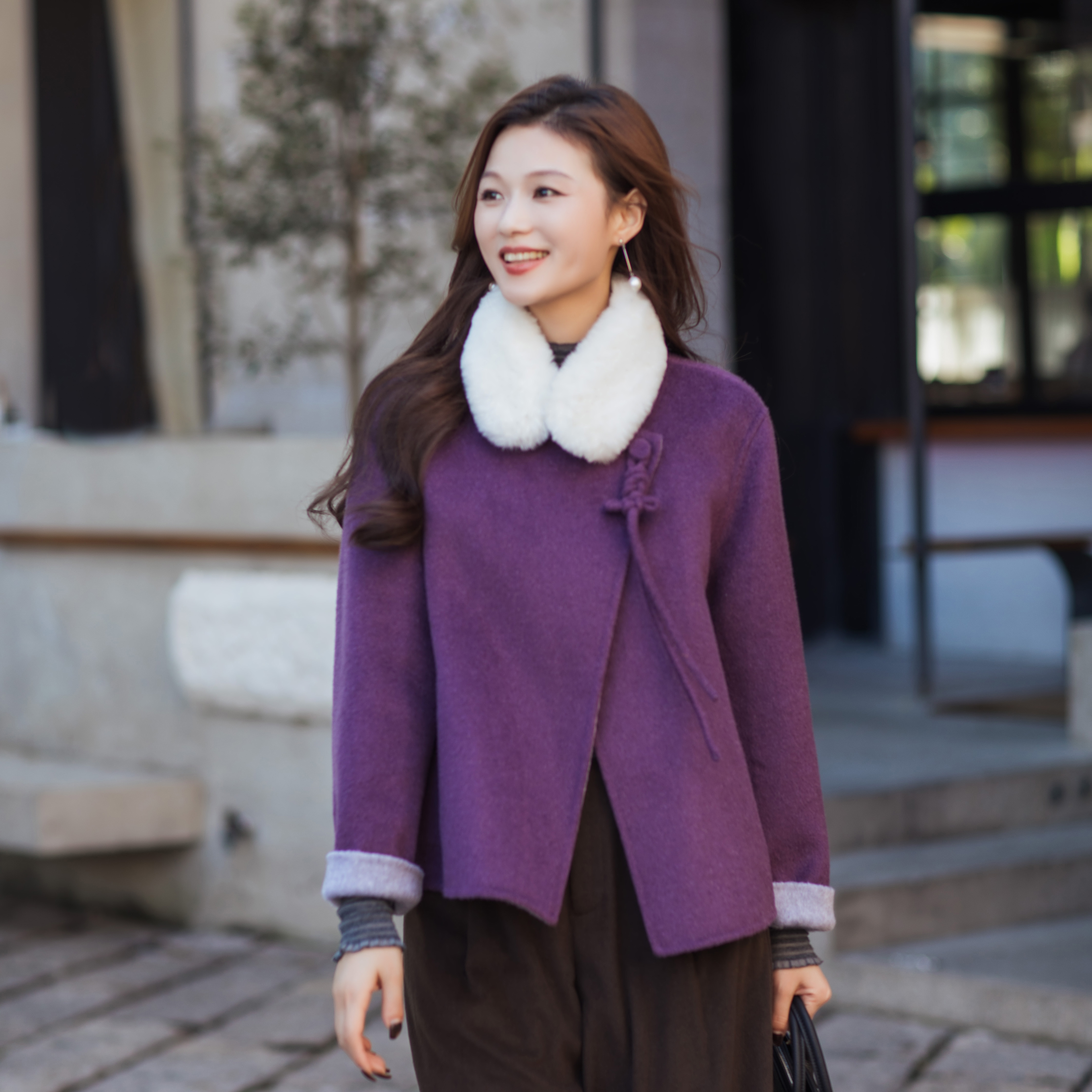 【林栖设计小店】（现货紧俏）绵羊毛双面呢紫色粉色国风新中式显瘦2025秋冬新款短款外套女T1954261