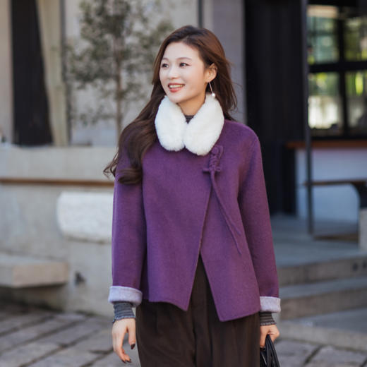 【林栖设计小店】（现货紧俏）绵羊毛双面呢紫色粉色国风新中式显瘦2025秋冬新款短款外套女T1954261 商品图0