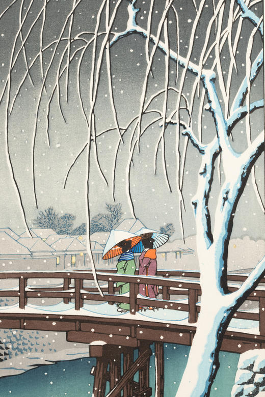 【已售】独角鹿西洋古董1932年日本昭和时代著名国宝级大师川濑巴水签名创作新版画《暮るる雪（江户川）》 商品图5