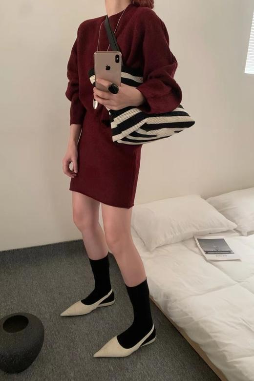 LNNNS 酒红色圆领针织上衣半裙套装 21454 商品图2