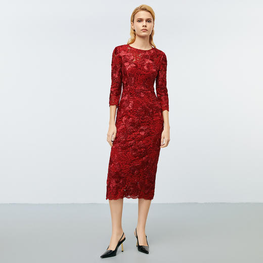 EITIE爱特爱气质V领优雅精致蕾丝提花礼服连衣裙秋季新款7977608 商品图2