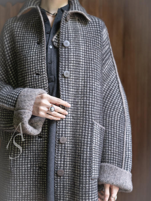 Boboutic 25AW 驼灰格纹/莓果格纹两面穿茧型羊毛长外套 商品图12