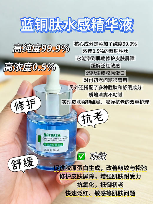 实验室高端定制 蓝铜胜肽水感精华液 30ml | 高纯度99.9%蓝铜胜肽精华0.5%添加 修护肌肤屏障强韧厚脸皮 舒缓敏感抗皱紧致 敏感肌可用 商品图0