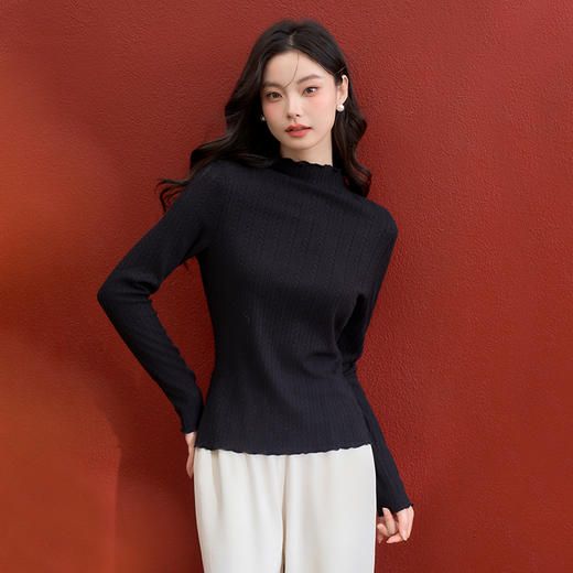 西遇木耳边半高领长袖T恤女冬季新款麦穗纹亲肤内搭针织衫V3955363 商品图2