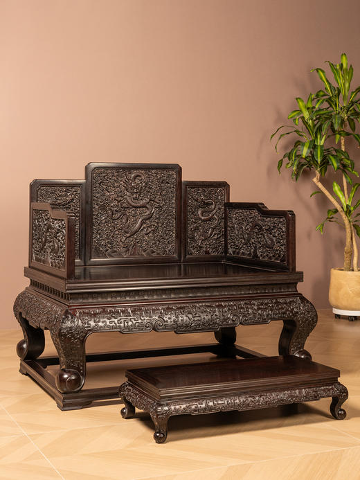 紫檀云龙纹三弯腿五屏风宝座（配脚踏） 商品图2