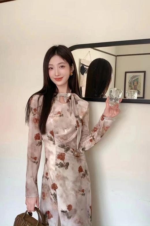 L.Fleuri 法式优雅气质开叉飘带印花丝绒连衣裙 21474 商品图2