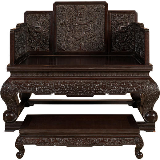 紫檀云龙纹三弯腿五屏风宝座（配脚踏） 商品图5