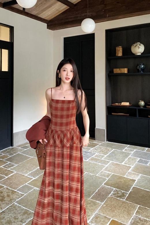 amadella 复古红色格子吊带收腰长款连衣裙 21515 商品图0