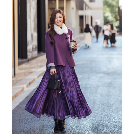 【林栖设计小店】（现货紧俏）绵羊毛双面呢紫色粉色国风新中式显瘦2025秋冬新款短款外套女T1954261 商品图3