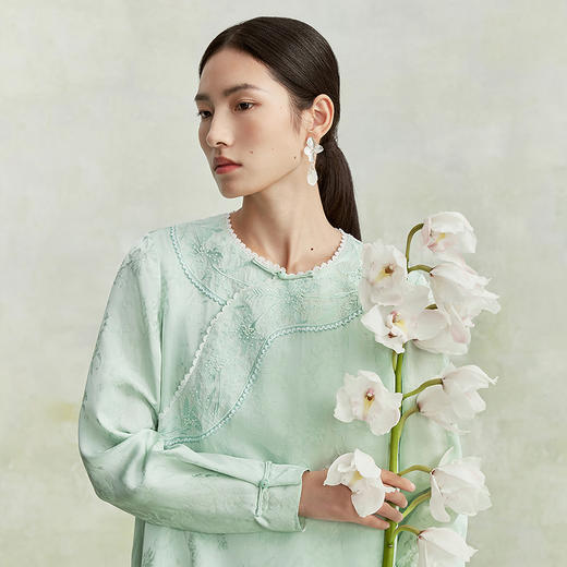 【林栖设计小店】(现货)【手工钉珠】春意自来真丝连衣裙拼荷叶边轻中式2026早春新款长裙1961162 商品图3