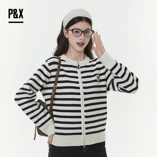 P&X设计师女装2025冬季圆领条纹长袖短款毛衣825418176 杏/蓝 商品图3