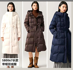 580067时尚气质修身长款带帽羽绒服