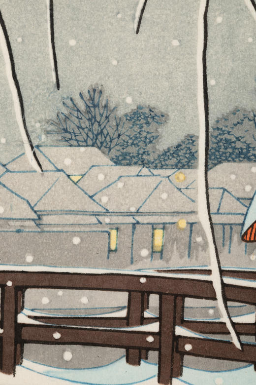 【已售】独角鹿西洋古董1932年日本昭和时代著名国宝级大师川濑巴水签名创作新版画《暮るる雪（江户川）》 商品图7