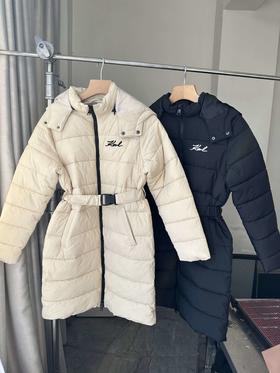 贝壳三 刺绣字母立领连帽中长款松紧收腰可拆卸帽棉服C111204