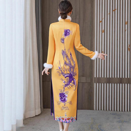 AHM thfs9207复古印花加厚旗袍改良毛毛夹棉连衣裙 商品图3