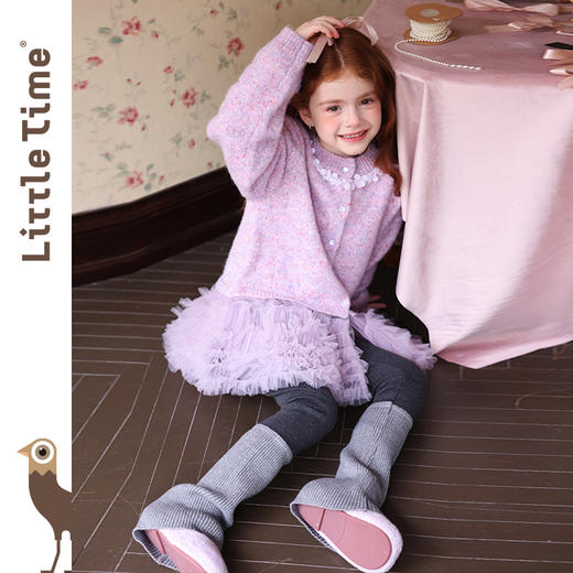 littletime女童毛衣2025秋冬新款花边拼接针织开衫裤子套装两件套 商品图4