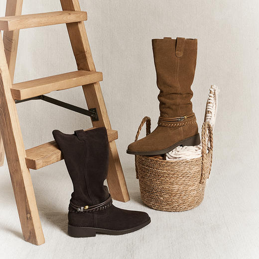 千百度美拉德粗跟骑士靴女加绒保暖瘦瘦靴高筒长靴子A25592038 商品图1