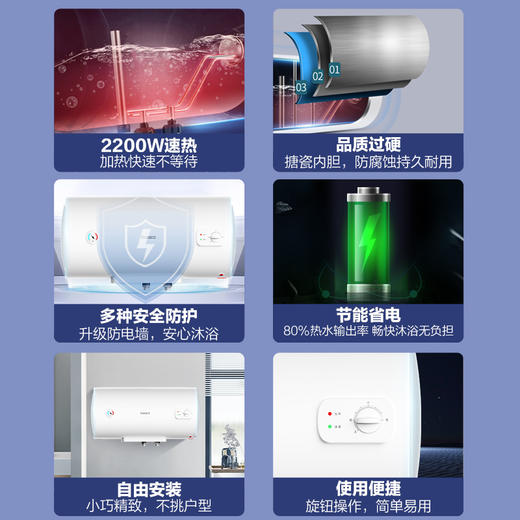 格兰仕热水器 40升家用储水式电热水器机械款2200w速热长效保温加长防电墙搪瓷内胆多重防护GD40-22DXFB 商品图2