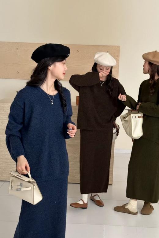 Le Malene 羊毛针织圆领毛衣过膝半裙套装 21425 商品图3