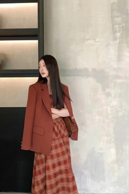 amadella 复古红色格子吊带收腰长款连衣裙 21515 商品图4