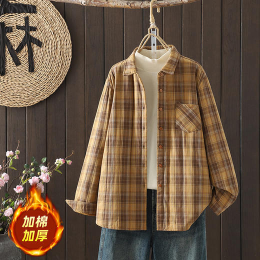 C063-6222长袖夹棉加厚格子冬季衬衫新款宽松显瘦复古休闲上衣文艺双层衬衣 商品图2