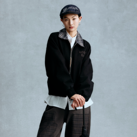 GOODBAI 粗体logo贴布绣撞色格纹翻领正肩拉链外套