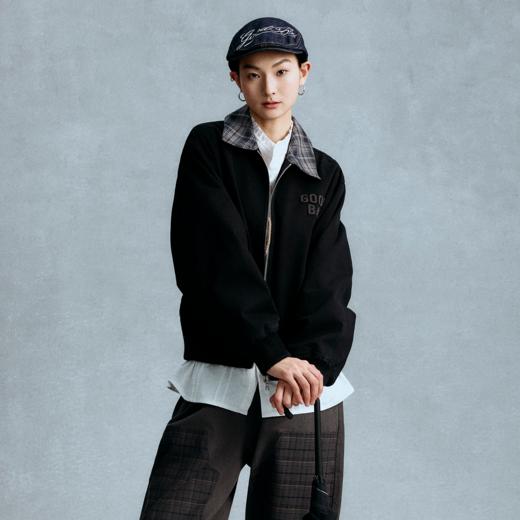 GOODBAI 粗体logo贴布绣撞色格纹翻领正肩拉链外套 商品图0